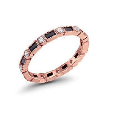 Full Eternity Wedding Band Rose Tone, Simulated Black CZ 925 Sterling Silver